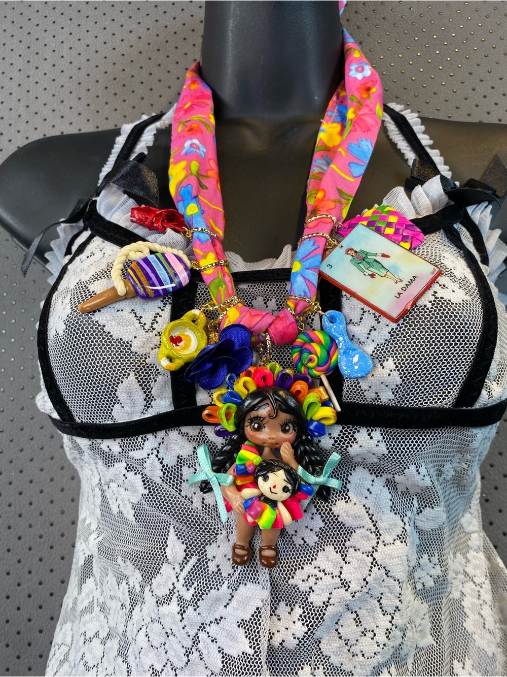 Handmade Mexican Folk Art Polymer Clay Doll Charm Necklace